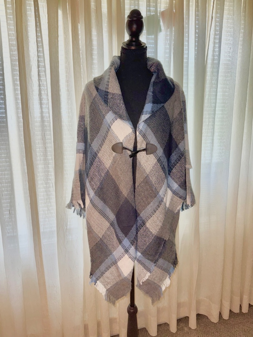 Woman's Blue and Gray Plaid Poncho with Fringe - One size fits all